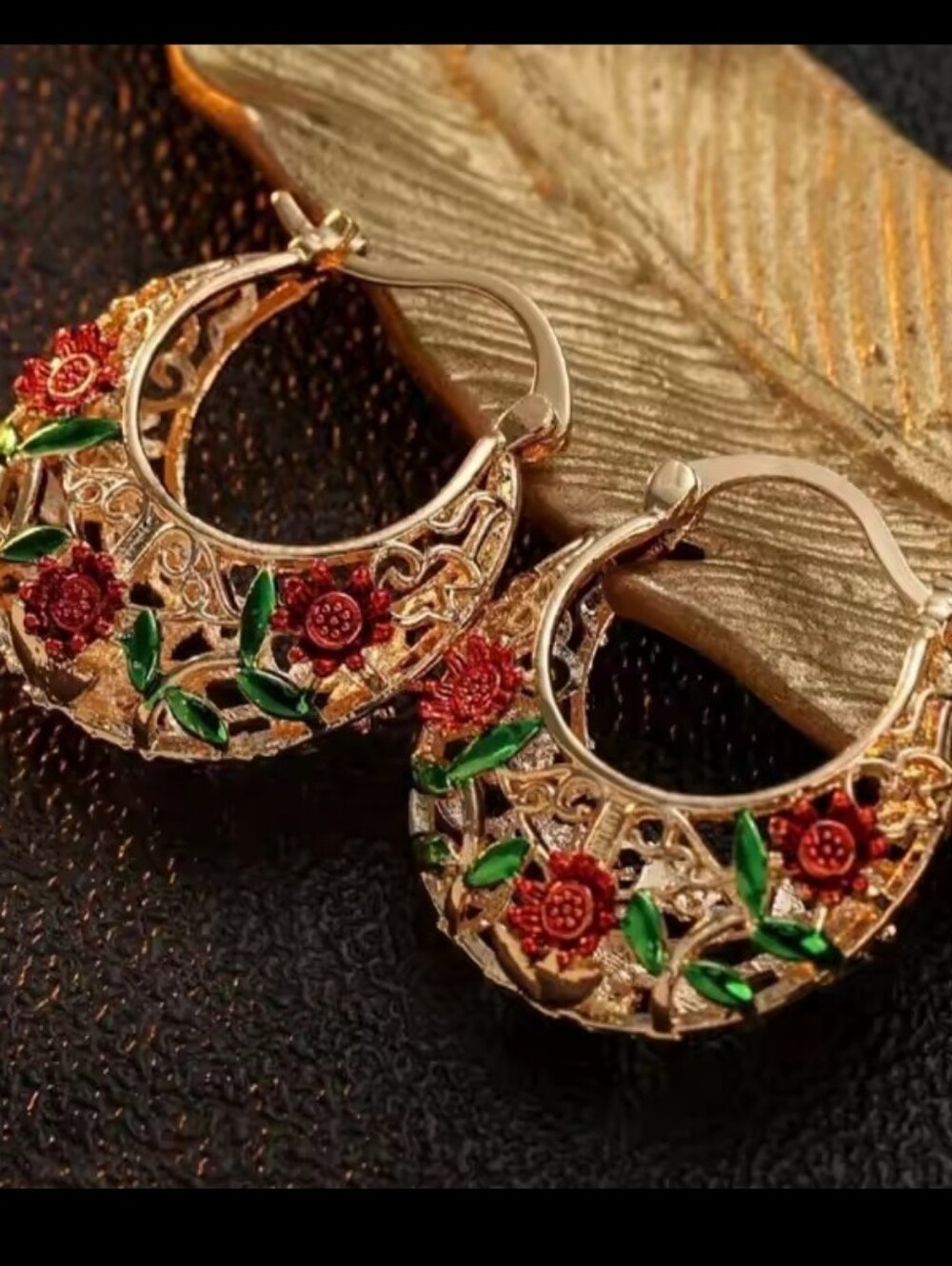 Gold Hoop Earrings Women's Floral Red & Green Jewelry G34